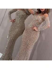 Vestidos Elegantes De Mujer Vestidos Dresses For Women Party Dresses For Women Elegant Formal Dresses For Women Dresses For Women Elegant Prom Dresses Formal Dresses For Women Formal Gowns For Women Evening Elegant This Mid-Waist Long Dress Exudes A Refined Commuting Style With Sequined Gold And A Slimming Golden Appearance - 米色 - 查看 4