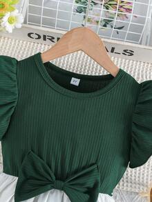 Girls' Summer Ruffle Sleeve Bow Tie Localized Rose Floral Print Casual Dress - Dark Green - View 3