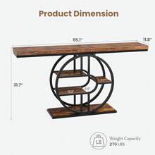 Mesa Consola Industrial de 55 Pulgadas - Mesa de Entrada de 4 Niveles con Base Redonda, Marco Metálico, Mesa para Detrás del Sofá, Ideal para Vestíbulo y Pasillo - Color retro - Ver 2