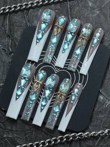 CrystalHola Valentine's Day 10 Pcs Handmade Press-On Nails, Square Long Nails, Y2K Color, Black And Pink Nail Base With Black Pom-Pom, 3D Flowers, Exquisite Accessories, Full Coverage, Removable And Reusable, , Unique Summer Nail Art, A Must-Have Fashion Accessory For Parties And Weddings. Nail Supplies - Multicolor - View 12