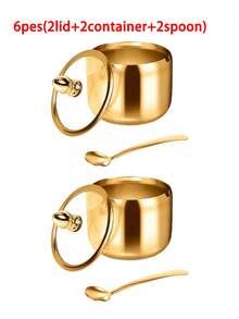 Set de 3 piezas (1 cuchara, 1 tazón, 1 tapa de vidrio) Frascos de almacenamiento de especias de acero inoxidable dorado con 1 cuchara, 1 tazón, 1 tapa de vidrio, apto para lavavajillas, boca ancha, multiusos para condimentos, crema, azucarero, adecuado para la organización de la barra de café y la cocina - 3 piezas - Ver 15