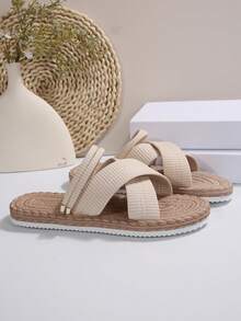 Nuevas sandalias/pantuflas planas de playa bohemias versátiles de moda para exteriores/interiores de talla grande, ropa de calle Y2K - Beis - Ver 6