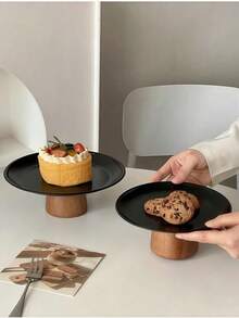 1 pièce Présentoir à gâteau en acier inoxydable avec base en bois, assiette de présentation de desserts, plateau multifonctionnel pour fruits, convient pour la décoration de table à manger, service à la maison et en cuisine, utilisation pendant le Ramadan - Noir - Voir 5