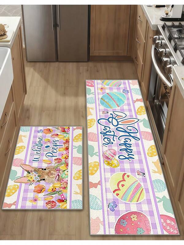 Easter Kitchen Mat Set, Happy Easter Kitchen Rugs, Pink And Blue, Animal Pattern, Non-Slip And Anti-Tripping, Multiple Sizes