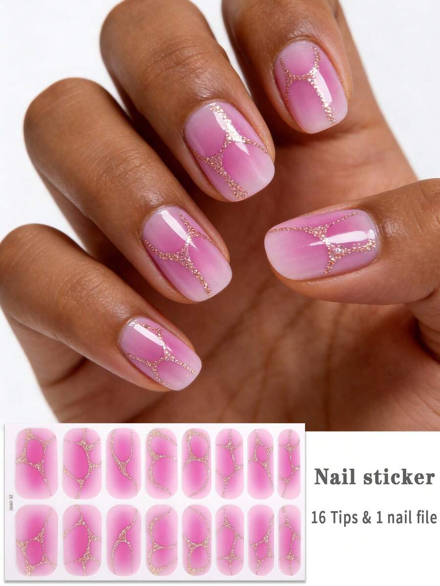 16Pcs Pink-White Gradient Nail Strips,Shimmering Golden Crackle Luxury-Style Nail Stickers,Salon-Quality Easy To Apply, Suitable For Ladies' DIY Manicures At Home. Nails Nail Supplies