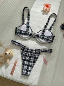 Ensemble de bikini à armatures avec bretelles larges, imprimé sexy à carreaux rouges, convient pour les fêtes au bord de la piscine et les tenues de plage, vacances d'été noir - Noir - Voir 3