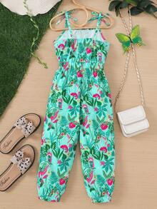 Young Girls' Summer Vacation Tropical Rainforest Leaf Print Jumpsuit With Bowknot Strap - Green - View 2