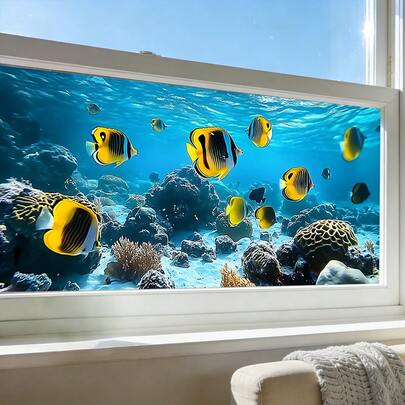 1/3pcs Under The Sea Window Film, Static Cling Dolphin Fish Jellyfish Ocean Themed Decals, No-Adhesive Removable PVC Sticker For Home Window Glass Door Beach Nautical Decoration.