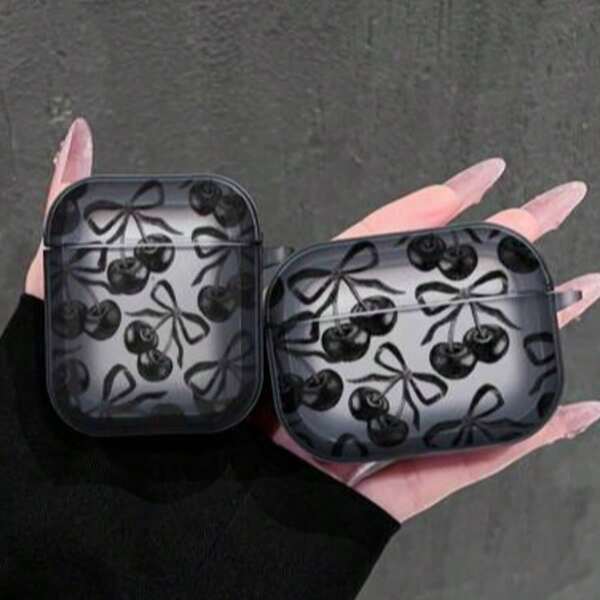 Black Cherry Design Protective Case Compatible With Apple Earphones, Transparent Black Earphone Shock-Proof Cover, Only Suitable Compatible With Apple Bluetooth Earphones