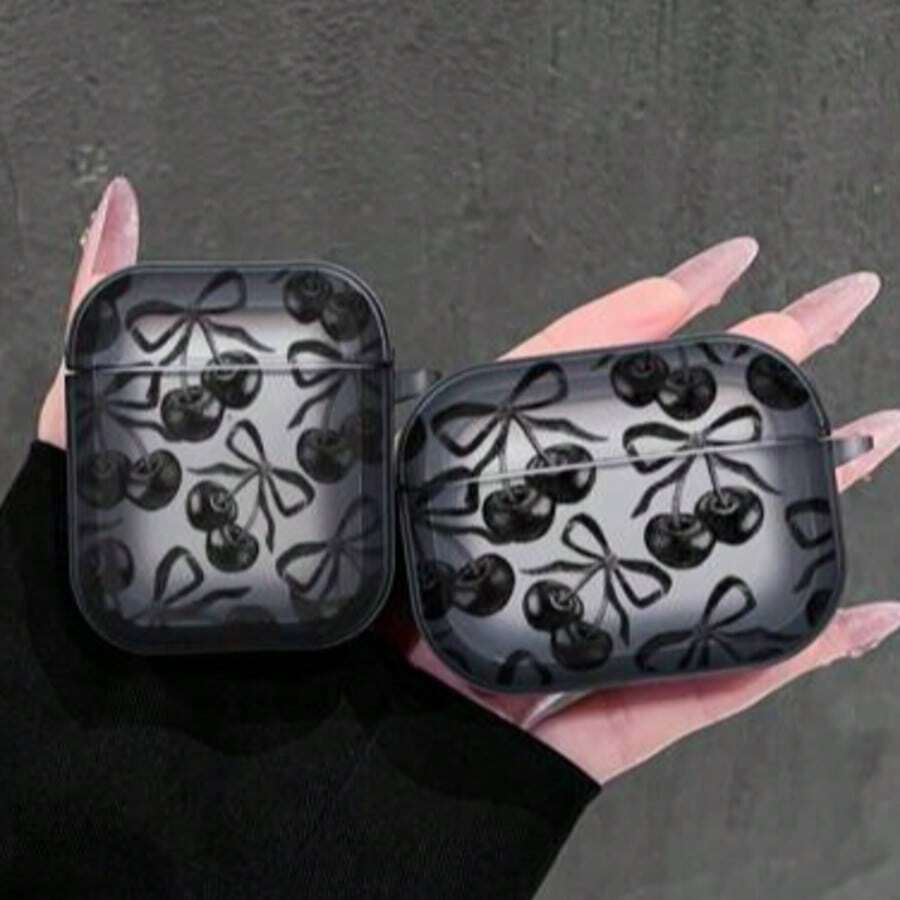 Black Cherry Design Protective Case Compatible With Apple Earphones, Transparent Black Earphone Shock-Proof Cover, Only Suitable Compatible With Apple Bluetooth Earphones - Transparent Black - View 1