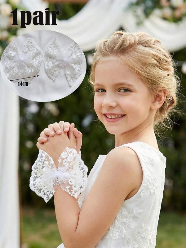 1 Pair Women & Girls' High-End Satin Bow Hollow Sleeve Cuffs, Pink Bow Lace Floral Decor Detachable Wrist Cuffs, Versatile Accessory For Sweaters, Long Sleeves, Princess Style - Wedding Day Jewelry, Bridal Party Gifts, And Photo Props