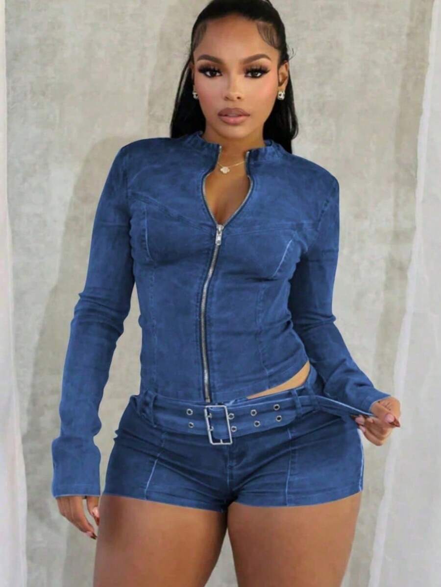 Lady's Two-Piece Set, New Denim Short Set, Long Sleeves, Stretch Shorts, Belt - Màu xanh lam - Xem 1