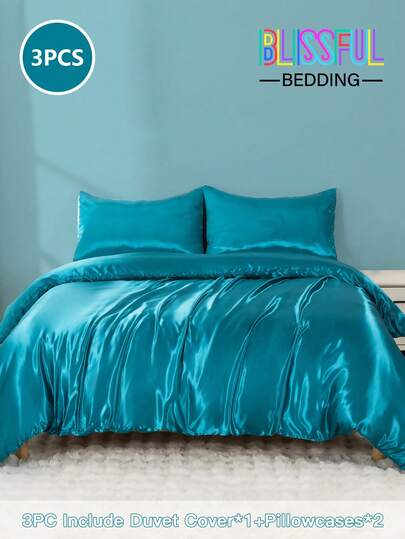 3pcs Satin Solid Duvet Cover Set, Silky Soft Polyester Sateen Bedding Set, Includes: 1 Duvet Cover With 4 Corner Ties And Zipper + 2 Pillowcases (Comforter And Pillow Insert Not Included), Suitable For Bedroom/Travel/Dorm (Boys/Girls)