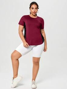 Camiseta de manga corta de mujer talla grande, casual y deportiva, con parches de malla, para verano - Burdeos - Ver 9