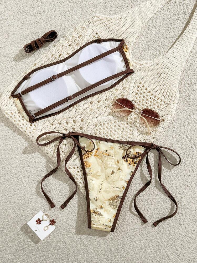 New Lace Floral Halter Tie Back Backless Bikini Two Pieces Set, Elegant Casual For Beach, Party, Holiday Vacation - Multicolor - View 2