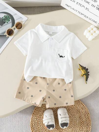 两件套男婴时尚简约恐龙刺绣POLO衫（带口袋）+短裤套装，休闲户外夏季服装