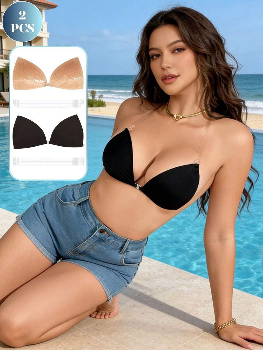 2/1 Set Invisible Triangle Adhesive Bra - Silicone Lift-Up Cup With Strap, Suitable For Backless Dresses, Breathable Self-Adhesive Lift Pad, Reusable, Skin-Friendly - Multicolor - View 1