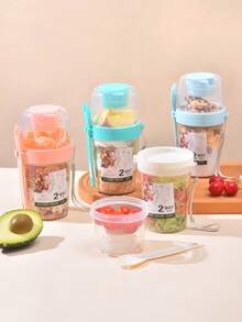 1pc Breakfast Salad Cup,Breakfast Food Container Jar,Creative Double-Layer Salad Cup,Portable Fruit & Vegetable Light Food With Fork Cover,Suitable For Yogurt,Oatmeal,Fruit,Slimming Fitness Diet Cup,Travel Water Cup,For Picnic Camping,Kitchen,School. - Multicolor - View 3
