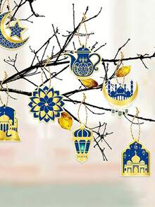 9件套蓝/黑开斋节装饰挂件，优雅的月亮、星星、城堡和灯笼图案，斋月纸质挂饰，主题派对装饰，开斋节派对用品，DIY装饰，适用于斋月、开斋节派对、开斋节晚宴装饰、DIY派对装饰 - 彩色 - 查看 2