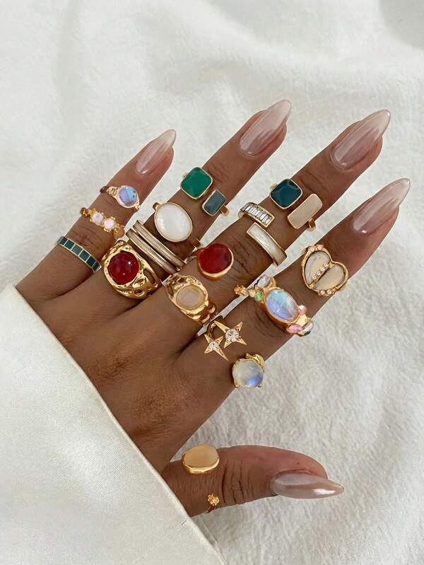 Juego de 15 piezas de anillos de nudillos vintage con diseños de corazón, estrella y formas geométricas huecas, anillos de moda para mujeres, adecuados para citas, fiestas, vacaciones, combinación diaria, aniversario, regalo