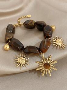 1件装奢华复古波西米亚太阳吊坠可调节手链，18K镀金不锈钢材质，配亚克力手链，女士饰品，适合音乐节、度假、艺术博览会、生日礼物、情人节、派对、晚宴、日常佩戴、约会、新年、婚礼、海滩、圣诞节、周年纪念日等场合。 - 彩色 - 查看 11