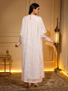 Elegant Long Sleeve Batwing Robe, V-Neck With Applique And Contrast Lace Details, Made Of Non-Stretch Woven Fabric, Flowing Design - Apricot - View 2