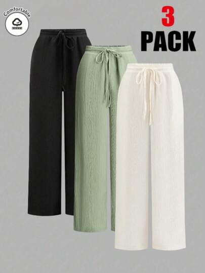 Pantalones casuales de pierna ancha y larga para mujer con cordón y bolsillos, tela de poliéster con un ligero estiramiento