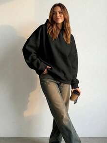 简约设计女士宽松长袖套头卫衣，适合秋季、冬季、春季穿着，也可作为万圣节服装、休闲外套，黑色，时尚女式卫衣 - 黑色 - 查看 7