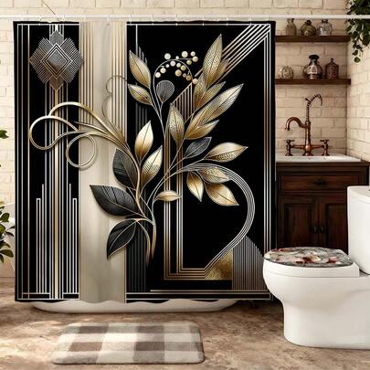 1pc Black & Gold Floral Decorative Shower Curtain With Hooks, Modern Luxury Bathroom Curtain, Geometric Leaf & Stripe Pattern Shower Curtain For Fashionable Bathroom Decor, Metal Accented Bathroom Accessories, Stylish Bathroom Supplies For Contemporary Home, Elegant Shower Curtain For Fashionable Bathroom, High-Quality Artistic Decorative Style Home Bathroom Renovation