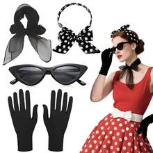 Bộ phụ kiện nữ phong cách cổ điển thập niên 40-50 (1/4/6 món), bao gồm khăn quàng cổ, kính mắt mèo, băng đô chấm bi và găng tay, phù hợp cho tiệc theo chủ đề thập niên 50, trang phục Halloween, lễ hội hóa trang, mặc hàng ngày và các sự kiện theo chủ đề. - Bộ đồ cổ điển - Xem 3
