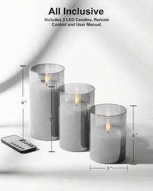 Rechargeable Flameless Candle, LED Flickering Candles Tea Lights Pillar Candles Sets With Adjustable Brightness And Timing Remote, Battery Operated Acrylic USB Candles (D 3"*H 4"5"6") - Grey - View 5