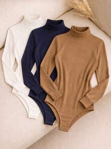 Set Of 3 Women's Long-Sleeved, High-Neck, Ribbed, Premium, Elegant Winter Bodysuits. - 白色,藍色和米色 - 查看 2