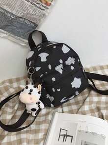 1pc Mini Kawaii Cute Cow Spotted Backpack, Soft Moe Adorable Girly Harajuku Style Canvas Student Schoolbag (Including Pendant) - Black - View 7