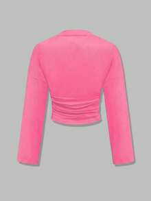 Nueva blusa elegante de manga larga con cuello redondo y volantes de unicolor, adecuada para vacaciones, citas, escuela, viajes y uso diario en primavera - Sandía roja - Ver 7