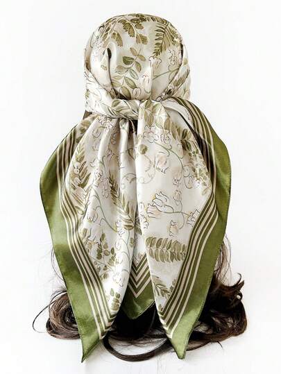 1条波西米亚风印花90厘米方巾，女士百搭仿丝缎面头巾/披肩配饰，质感高端，适合春夏佩戴。