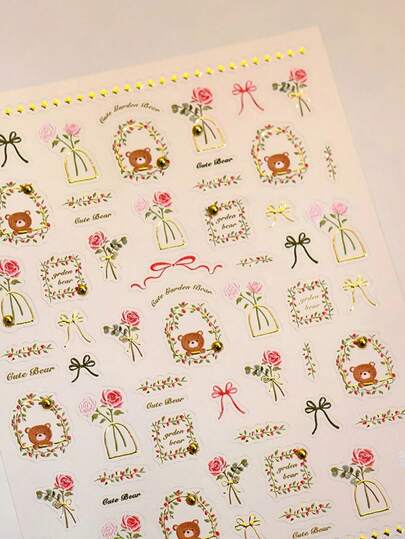 1pc Gold Foil Rose Flower With Gold Beads Cute Bear Romantic Garden Whimsical Nail Art Stickers Self-Adhesive 5D Press On Manicure For Women Valentine's Day Nail Decor Nails Nail Supplies