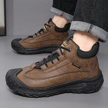 Men's High Top Outdoor Hiking Work Boots, Lace Up Anti-Slip Wear-Resistant Thick Sole Toe Protection Casual Trekking Ankle Boots For Men Daily Commute Outdoor Activities - màu nâu - Xem 5
