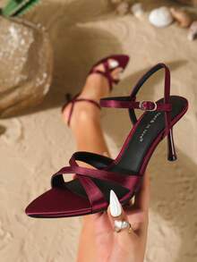 On feet& in love Women's Fashionable Elegant Pointed Toe Thin High Heel Sandals With Criss-Cross Strap Open Toe High Heels, Suitable For Dresses In Summer - Burgundy - View 2