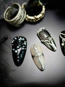 10片哥特朋克金属巴洛克风格亮银色、黑色、白色假指甲，DIY手工法式尖头哑光亮面美甲贴纸美甲用品 - 黑色 - 查看 3