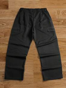 Men's Black Wide Leg Cargo Pants With Contrast Stitching And Button Waist, Street Style - Black - View 5