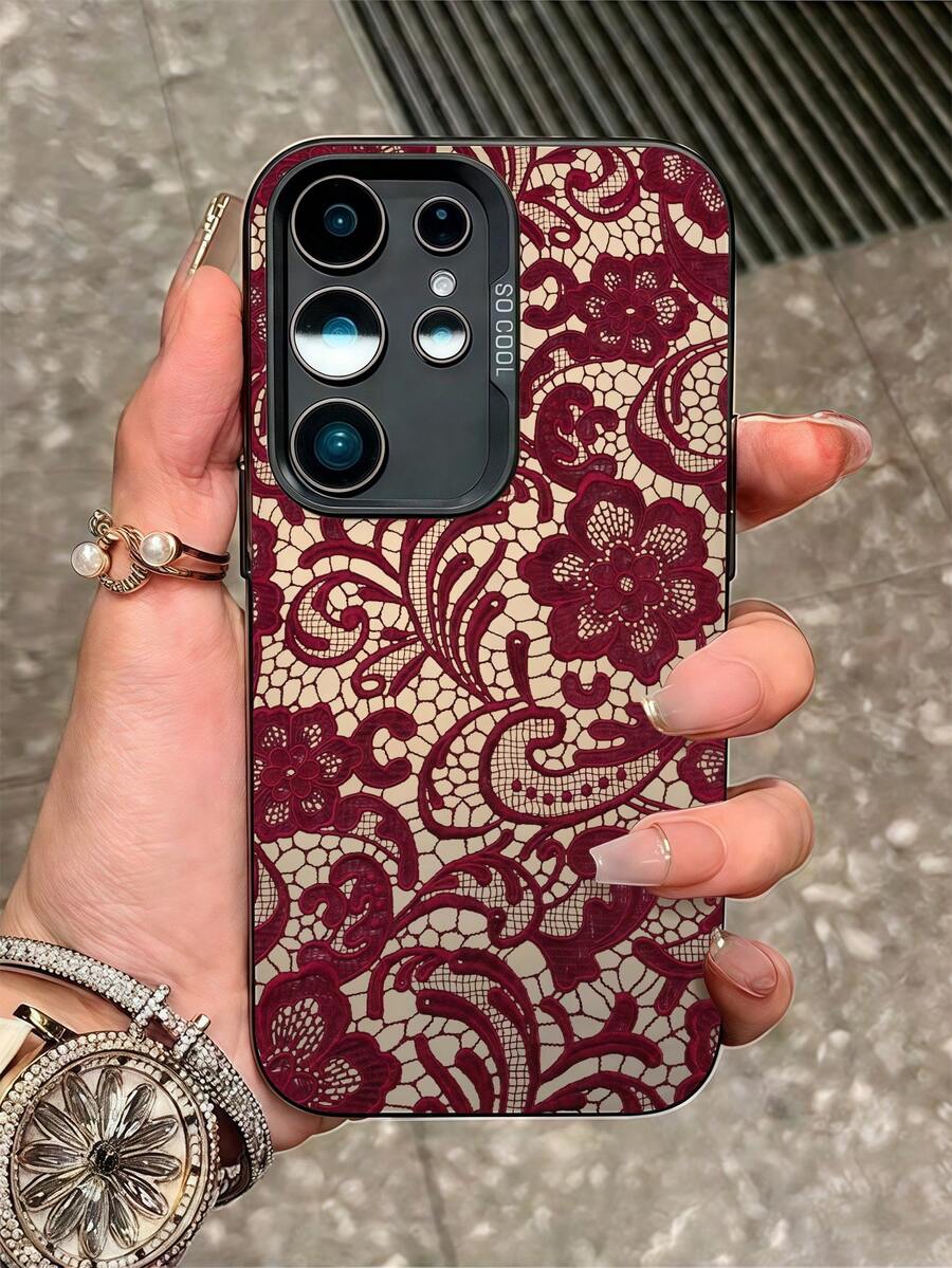 1 chiếc ốp lưng điện thoại thời trang tối giản màu đỏ họa tiết ren, chất liệu IMD màu bạc, chống trượt, chống rơi, tương thích với Samsung. - Nhiều màu - Xem 1
