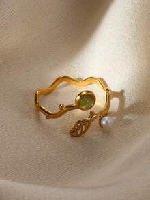 18K Gold Plated Stainless Steel Wave Leaf Zirconia Ring With Faux Pearl Decor, Fashion Green Jewelry For Women, Wedding, Holiday, Christmas Birthday Gift - Multicolor - View 5
