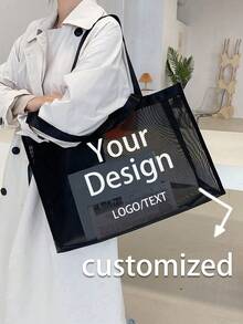Customized Mesh Tote Bag And Cosmetic Bag Set, DIY Custom Text/Image, Your Exclusive Personalized Design (Name, Logo, Text), Foldable Large Capacity Women's Bag, Multifunctional Travel Portable Bag - Multicolor - View 4