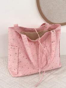 休闲尼龙女士手提包，大容量，时尚星形图案，女士单肩包，新款学生简约风格 - 粉色 - 查看 11