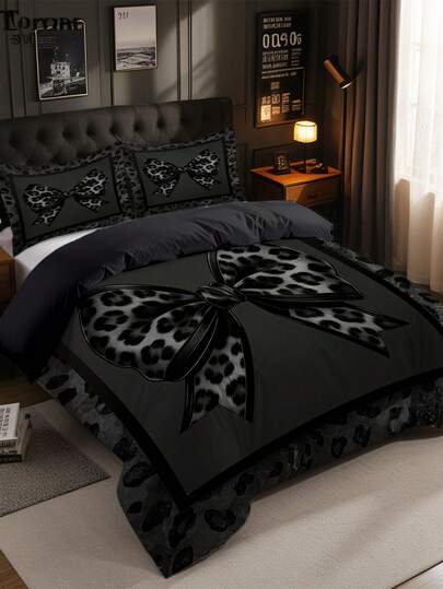 3pcs Leopard Bow Print Duvet Cover Set (1*Duvet Cover + 2*Pillowcase, Without Core), Features A Sexy And Attractive Leopard Print Design ,Soft & Skin-Friendly, Soothing Visual Fatigue,Suitable For All Seasons, Zipper Closure, Suitable For Hotel, Bedroom, Guest Room And Dormitory Decoration Bedding,Hypoallergenic, And Easy Care,Chic, Lightweight, Breathable, Hypoallergenic, And Easy Care,Fashion Modern Simple