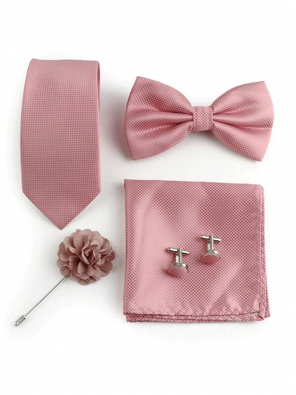 ZONFAZ 5pcs/Set Men's Business Fashion Plaid Necktie, Bow Tie, Pocket Square, Cufflinks, Lapel Pin Suit Accessories Set, Suitable For Weddings, Ceremonies And Daily Wear