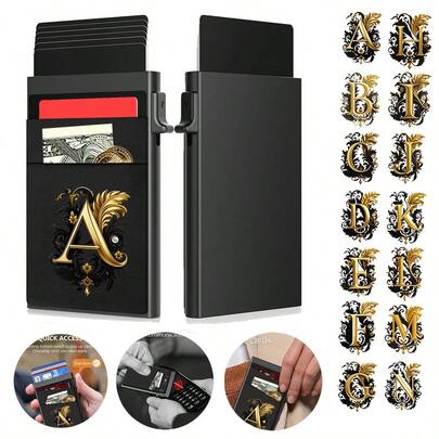 男士金属字母图案RFID屏蔽磁性卡包 - 单视图钱包，黑色金属设计，适合假日和日常使用，钱包卡包，现代配饰，结构感强，男士礼物，周年纪念礼物，趣味礼物，小礼物，送礼佳品，男士生日礼物