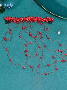 1件优雅新娘珍珠流苏发箍，婚礼发饰，女士派对头饰 - 紅色 - 查看 3