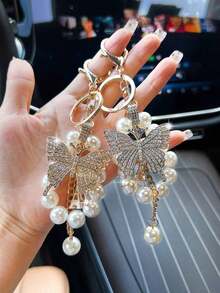 1pc Fashionable Luxurious Exaggerated Faux Pearl & Rhinestone Butterfly Keychain Car Accessories Bag Charm Backpack For School Pearl Cute Goth Y2k Christmas Gift Ideas Bag Accessories Lanyards With Id Holder Car Accessories Bag Charms PZON - 銀色 - 查看 7