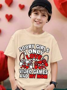 男童休闲图案T恤，字母和游戏机印花，圆领短袖，春夏款 - 杏色 - 查看 5